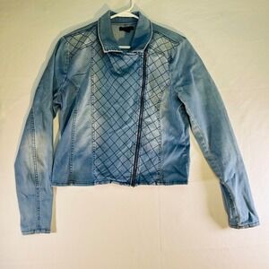 Material Girl Blue Faded MOTO Zip Denim Quilted Pattern Jacket Womens Large